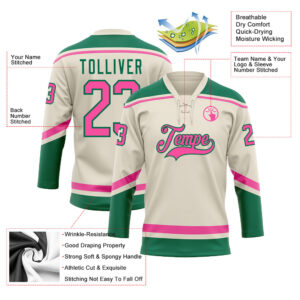 Custom Cream Pink-Kelly Green Hockey Lace Neck Jersey