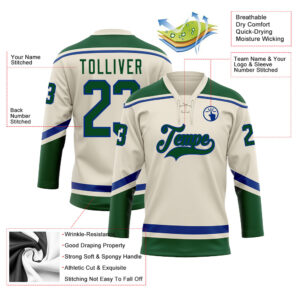 Custom Cream Green-Royal Hockey Lace Neck Jersey