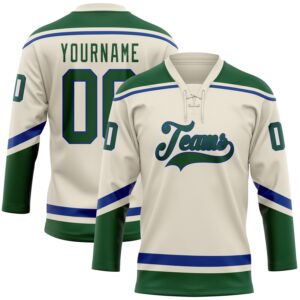 Custom Cream Green-Royal Hockey Lace Neck Jersey