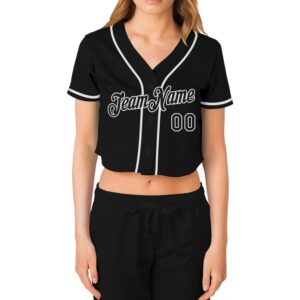 Custom Women’s Black Black-White V-Neck Cropped Baseball Jersey