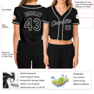 Custom Women’s Black Black-White V-Neck Cropped Baseball Jersey