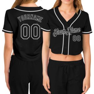 Custom Women’s Black Black-White V-Neck Cropped Baseball Jersey