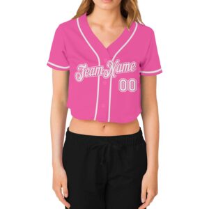 Custom Women’s Pink White V-Neck Cropped Baseball Jersey