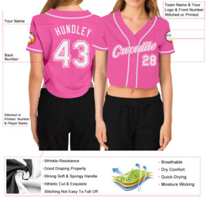 Custom Women’s Pink White V-Neck Cropped Baseball Jersey