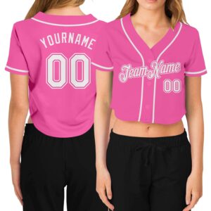 Custom Women’s Pink White V-Neck Cropped Baseball Jersey