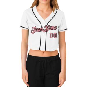 Custom Women’s White Medium Pink-Black V-Neck Cropped Baseball Jersey