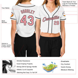 Custom Women’s White Medium Pink-Black V-Neck Cropped Baseball Jersey