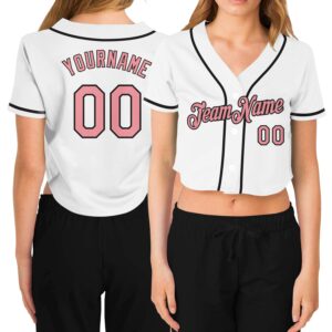 Custom Women’s White Medium Pink-Black V-Neck Cropped Baseball Jersey