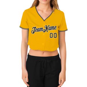 Custom Women’s Gold Black-White V-Neck Cropped Baseball Jersey