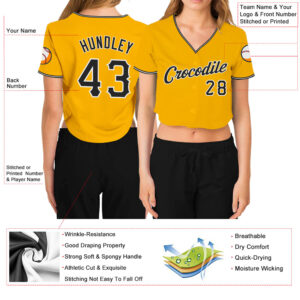 Custom Women’s Gold Black-White V-Neck Cropped Baseball Jersey