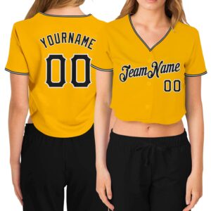 Custom Women’s Gold Black-White V-Neck Cropped Baseball Jersey