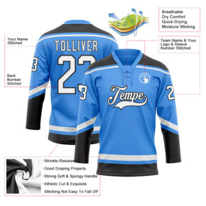 Custom Electric Blue White-Black Hockey Lace Neck Jersey