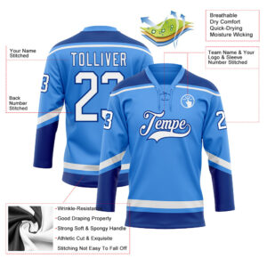 Custom Electric Blue White-Royal Hockey Lace Neck Jersey