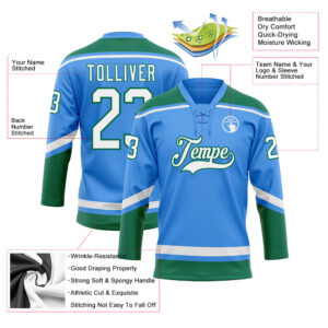 Custom Electric Blue White-Kelly Green Hockey Lace Neck Jersey