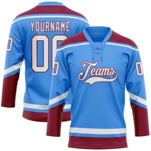 Custom Electric Blue White-Maroon Hockey Lace Neck Jersey