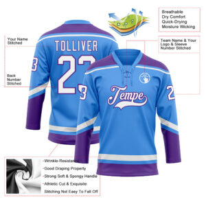 Custom Electric Blue White-Purple Hockey Lace Neck Jersey