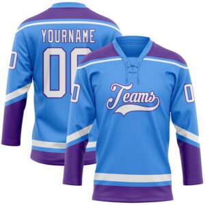 Custom Electric Blue White-Purple Hockey Lace Neck Jersey