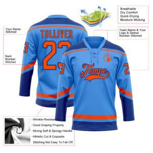 Custom Electric Blue Orange-Royal Hockey Lace Neck Jersey