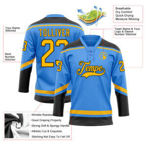 Custom Electric Blue Gold-Black Hockey Lace Neck Jersey