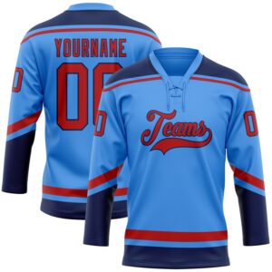 Custom Electric Blue Red-Navy Hockey Lace Neck Jersey