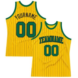 Custom Gold Black Pinstripe Kelly Green Authentic Basketball Jersey