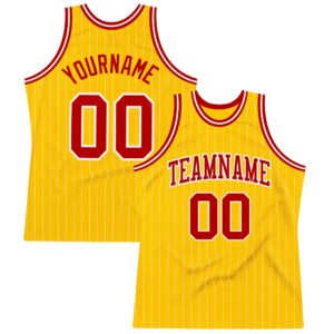 Custom Gold White Pinstripe Red Authentic Basketball Jersey