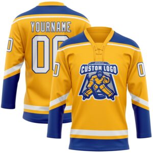 Custom Gold White-Royal Hockey Lace Neck Jersey