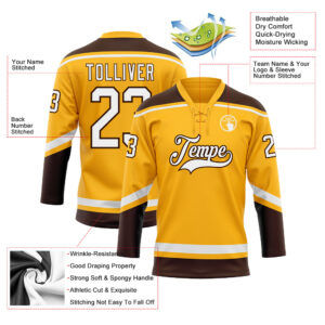 Custom Gold White-Brown Hockey Lace Neck Jersey