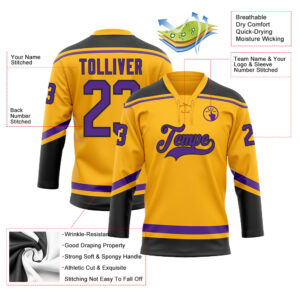 Custom Gold Purple-Black Hockey Lace Neck Jersey