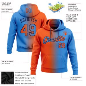 Custom Stitched Electric Blue Orange-Black Gradient Fashion Sports Pullover Sweatshirt Hoodie