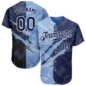 Custom Graffiti Pattern Navy-Light Blue 3D Scratch Authentic Baseball Jersey