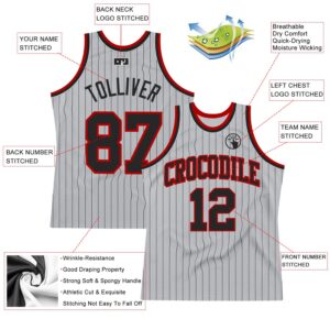 Custom Gray Black Pinstripe Black-Red Authentic Basketball Jersey