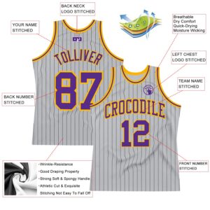 Custom Gray Black Pinstripe Purple-Gold Authentic Basketball Jersey