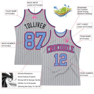 Custom Gray Black Pinstripe Light Blue-Pink Authentic Basketball Jersey