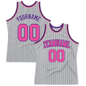 Custom Gray Black Pinstripe Pink-Purple Authentic Basketball Jersey