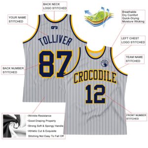 Custom Gray Navy Pinstripe Navy-Gold Authentic Basketball Jersey