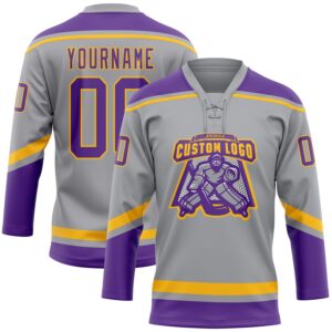 Custom Gray Purple-Gold Hockey Lace Neck Jersey