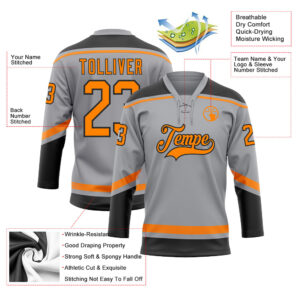 Custom Gray Bay Orange-Black Hockey Lace Neck Jersey