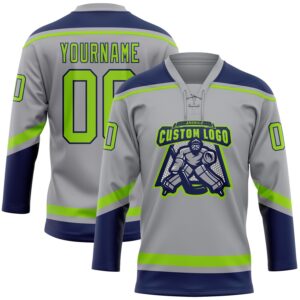 Custom Gray Neon Green-Navy Hockey Lace Neck Jersey