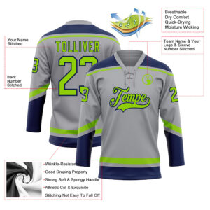 Custom Gray Neon Green-Navy Hockey Lace Neck Jersey