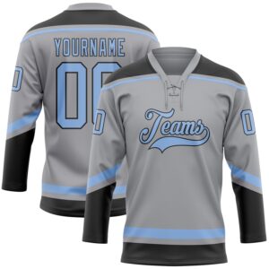 Custom Gray Light Blue-Black Hockey Lace Neck Jersey