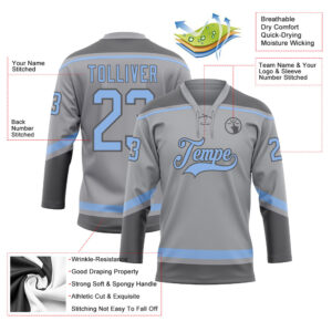 Custom Gray Light Blue-Steel Gray Hockey Lace Neck Jersey