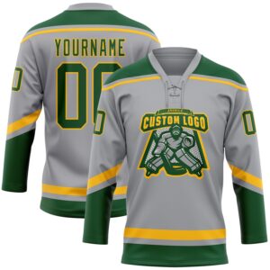 Custom Gray Green-Gold Hockey Lace Neck Jersey