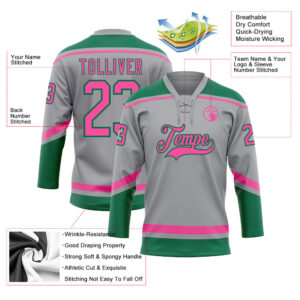 Custom Gray Pink-Kelly Green Hockey Lace Neck Jersey