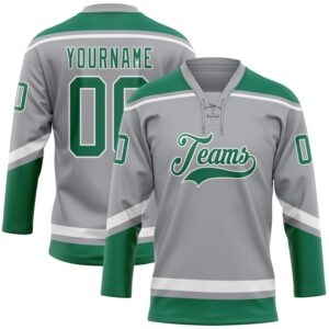 Custom Gray Kelly Green-White Hockey Lace Neck Jersey