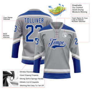 Custom Gray Royal-White Hockey Lace Neck Jersey