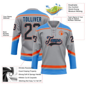 Custom Gray Black Electric Blue-Orange Hockey Lace Neck Jersey