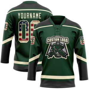 Custom Green Vintage USA Flag Black-Cream Hockey Lace Neck Jersey