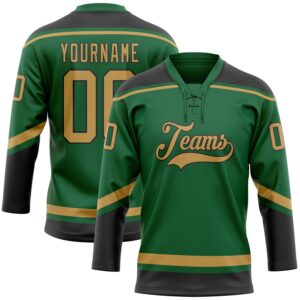 Custom Kelly Green Old Gold-Black Hockey Lace Neck Jersey