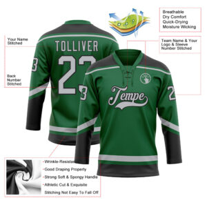 Custom Kelly Green Gray-Black Hockey Lace Neck Jersey